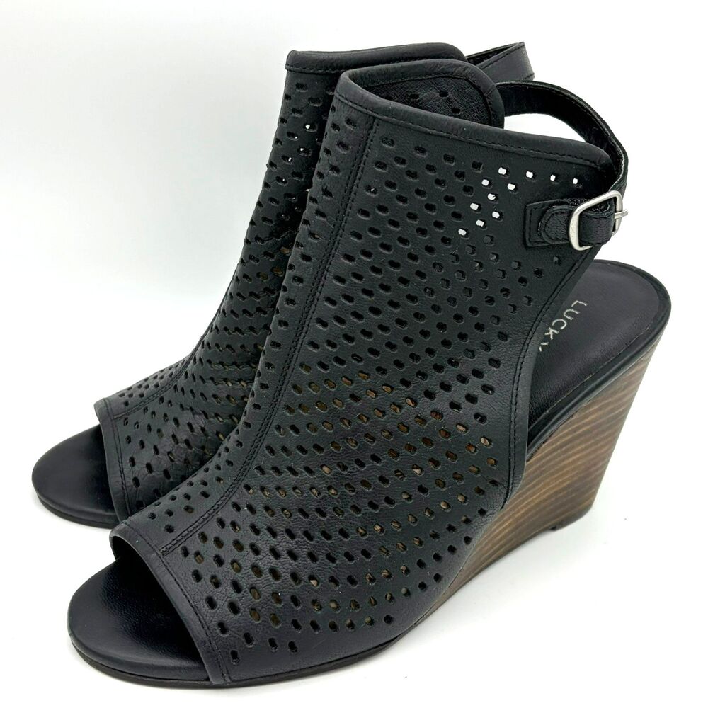 Lucky Brand Rozina Black Leather Wedges W8 Resort Mesh Summer Bootie Whimsygoth